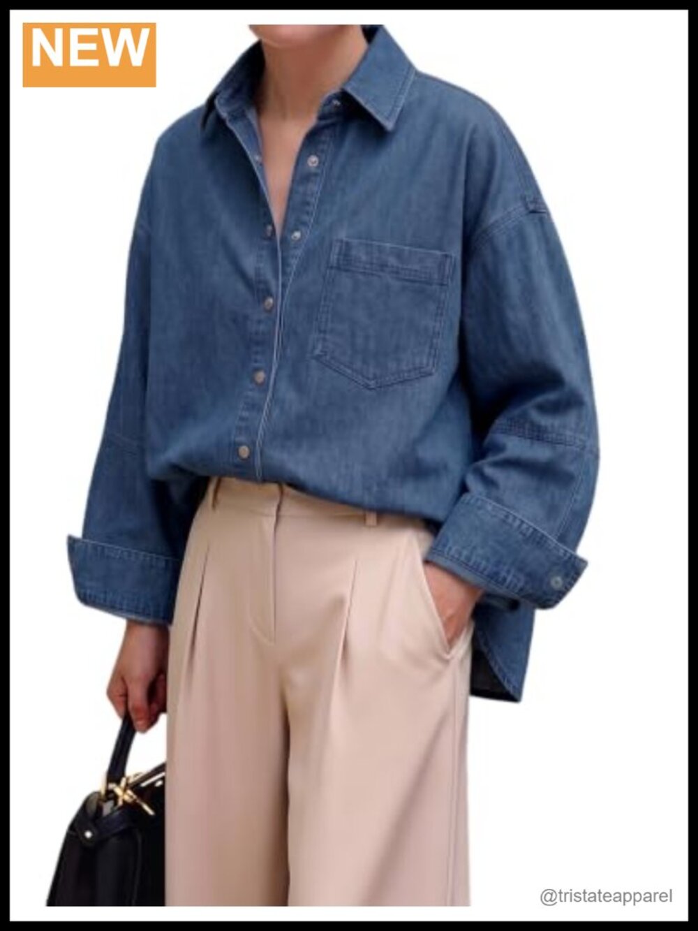 Women's Oversized Denim Button Down Blouse Shirt with Pockets | Long Sleeve